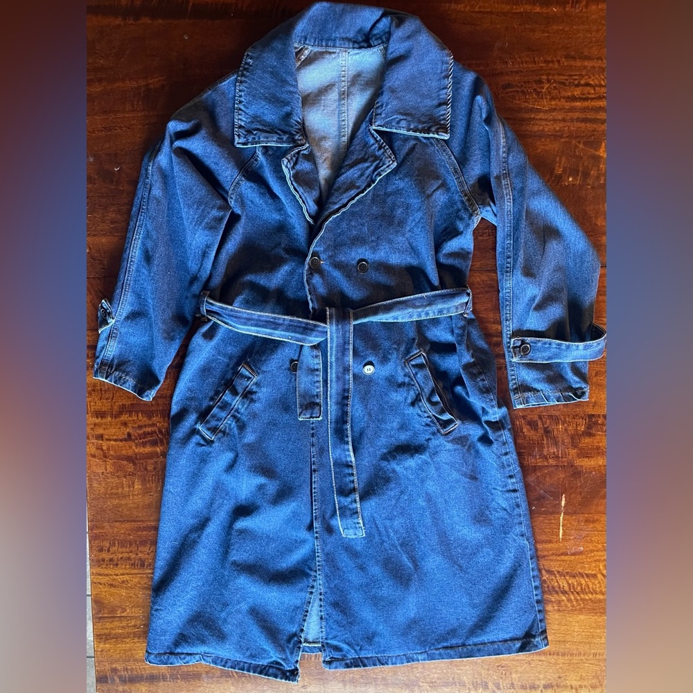 NWOT 100% Cotton Dark Denim Belted Double Breasted Trench Coat Size Large